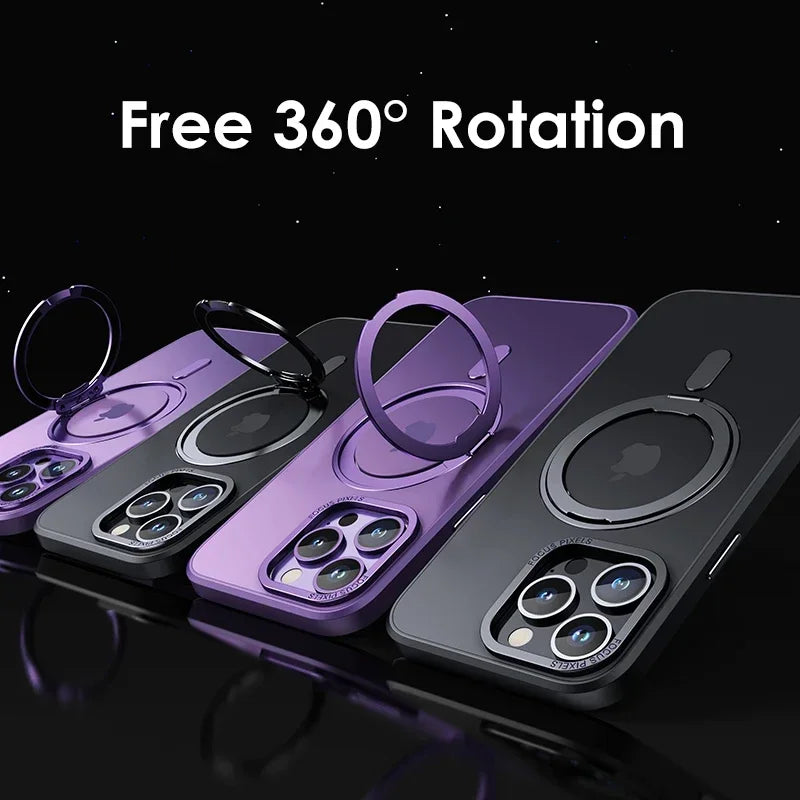 Magnetic 360°Rotation Stand Phone Case For iphone 12 13 14 15 16 17 Pro Max Plus With Ring Holder Frosted Transparent Case Funda