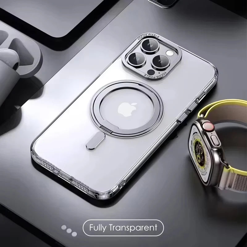 Magnetic 360°Rotation Stand Phone Case For iphone 12 13 14 15 16 17 Pro Max Plus With Ring Holder Frosted Transparent Case Funda