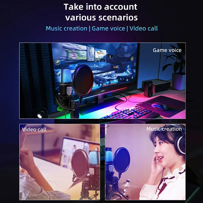 USB Microphone RGB Microfone Condensador noise reduction Wire Game Mic for Podcast Recording Studio Streaming Laptop Desktop PC