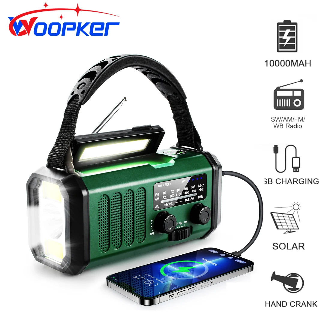 Woopker Radio XSY-330 10000mAh FM Emergency Radio Solar Hand Crank Generator AM/FM/NOAA LED Portable Radio SOS Alarm Power Bank