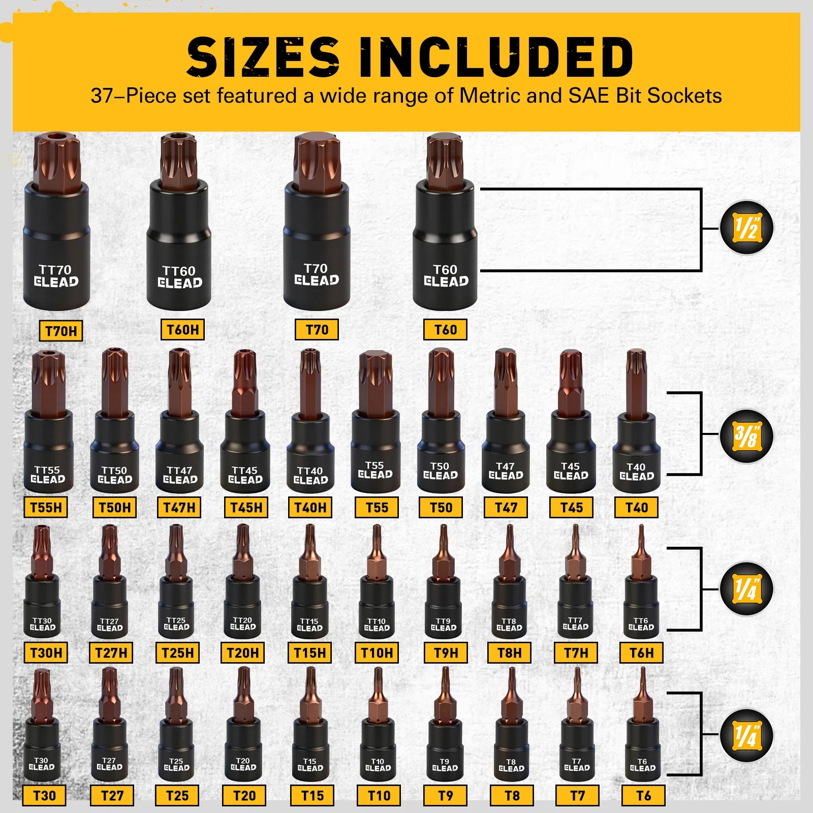 ELEAD 37-Piece Premium Torx Bit Socket Set (T6–T70/T6H–T70H) — CR-V & S2 Steel, High-Torque Ratchet, 1/4"/3/8"/1/2" Drives