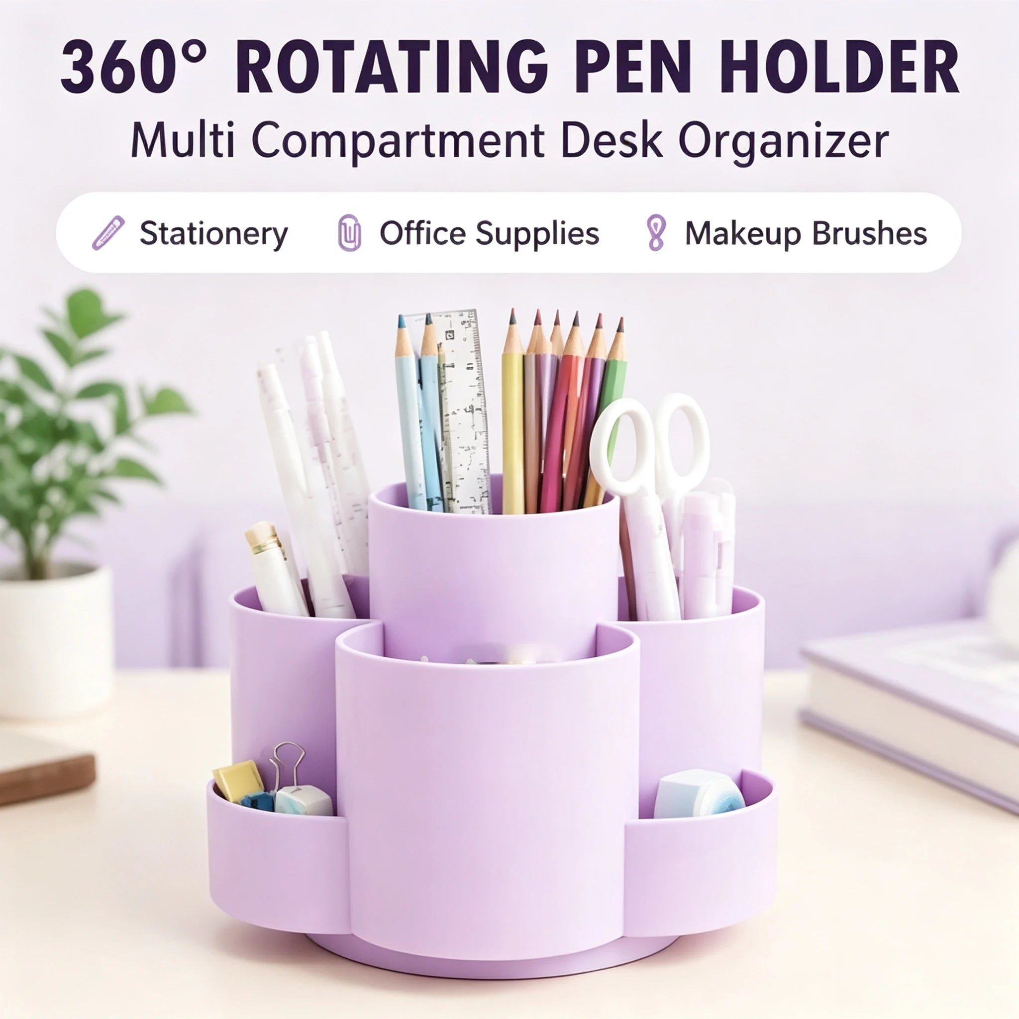 360° Rotating Pen Holder Multi Compartment PP Desk Organizer Stationery Storage Caddy School Office Makeup Brush Organizer
