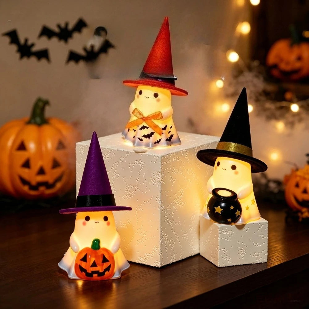 Cute Ghost Night Light with Witch Hat — Halloween Desk & Shelf Decor