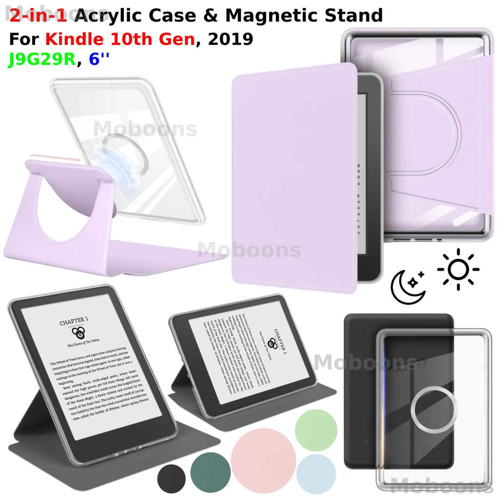 For Kindle 10th Gen Case 360° Rotatable 2-in-1 Detachable Acrylic Case Magnetic Stand 6'' 2019 J9G29R PU Leather Cover Funda