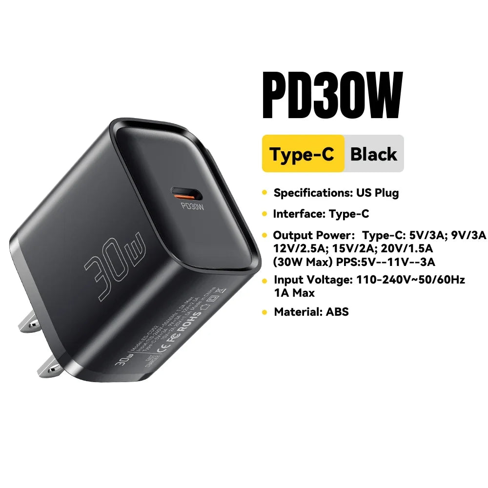 USB-C PD Travel Charger 20W 30W Fast Charging Wall Power Adapter Compatible with iPhone iPad Mobile Devices