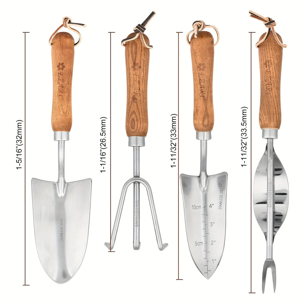 4pcs/set Heavy-duty Garden Tool,Durable Stainless Steel And A Sturdy Wooden Handle. Includes Hand Shovel, Trowel, Garden Rake