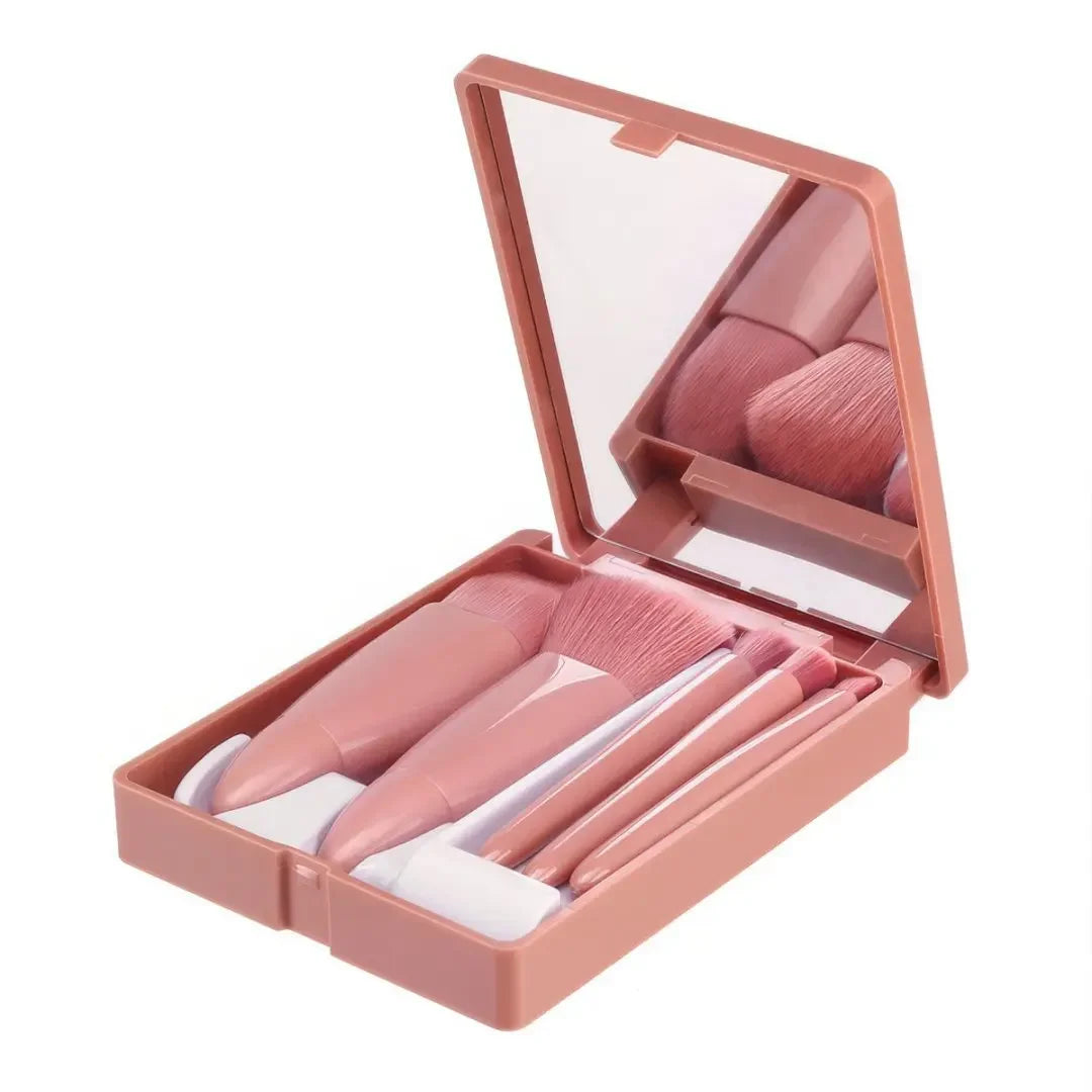 5Pcs Mini Pink Makeup Brush Set with Built-in Mirror, Soft Synthetic Bristles Gentle on Skin Portable Travel Size for Daily Makeup On-the-Go Touch-ups Home Travel Women Makeup Lovers Beginners Blush Eyeshadow Foundation Brush