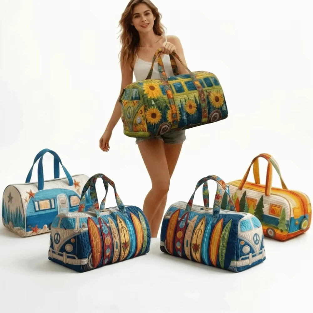 Fashion 3D Quilted Duffle Bag Bus Design Large Capacity Travel Handbag Retro Boho Sturdy Gym Tote Bag Daily Outings