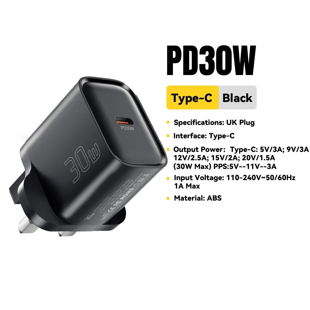 USB-C PD Travel Charger 20W 30W Fast Charging Wall Power Adapter Compatible with iPhone iPad Mobile Devices