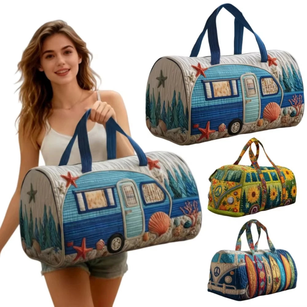 Fashion 3D Quilted Duffle Bag Bus Design Large Capacity Travel Handbag Retro Boho Sturdy Gym Tote Bag Daily Outings