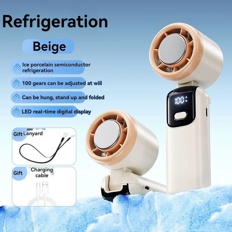 JPNPL Ventilador de mano de alta velocidad, plegable, con bolsa de hielo colgante, 100 velocidades infinitamente ajustables, portátil para cuello al aire libre