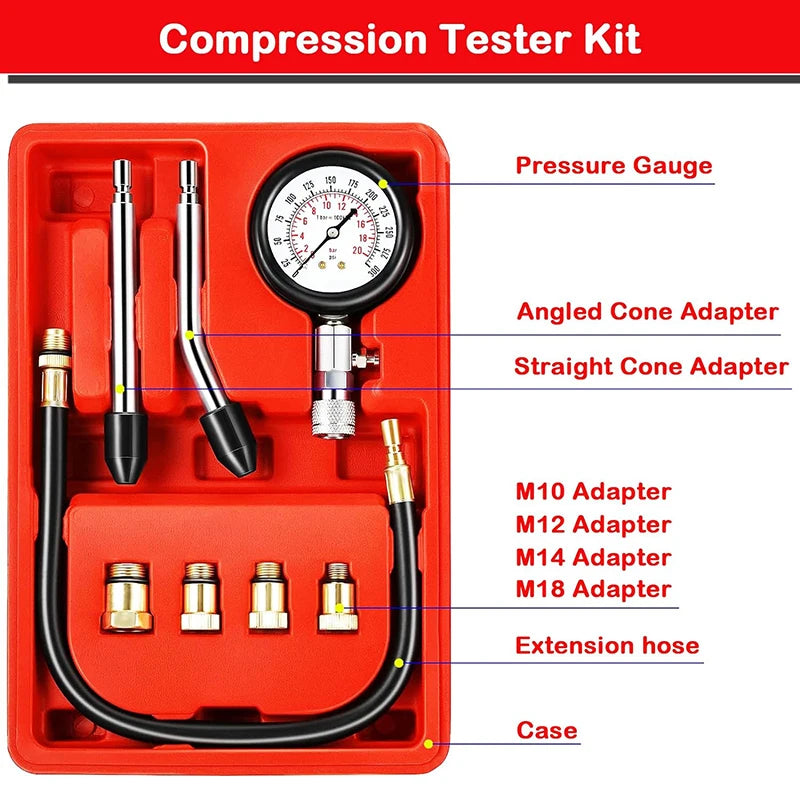 Automotive Engine Compression Tester Tools Kit for Motorcycle Car Truck Engine Cylinder Gauge Fuel Pressure Tester Kit 0-300 PSI