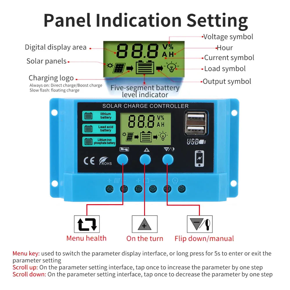 LCD Display Auto 30A Solar Charge Regulator Dual USB Chargers 5V Output Solar Controller PWM Battery Charger 12V/24V Universal