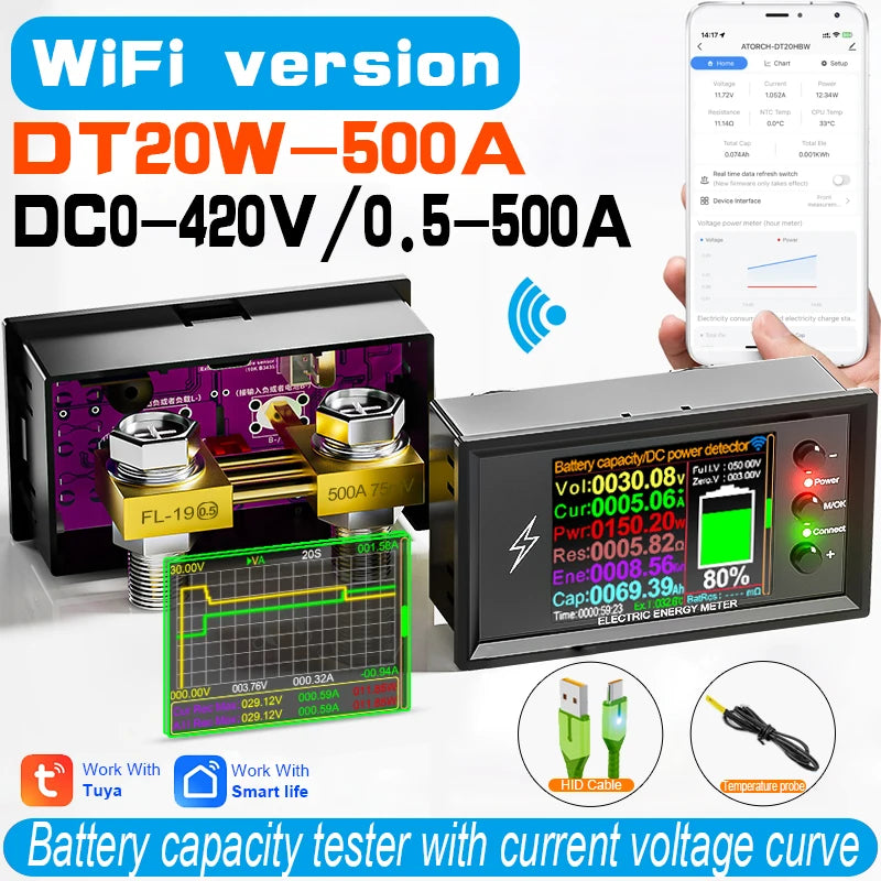 DC 0-420V Tuya WiFi Smart Lithium Battery Capacity Detection Tester DC Digital Display Current Voltage Coulomb Power Meter DT20W