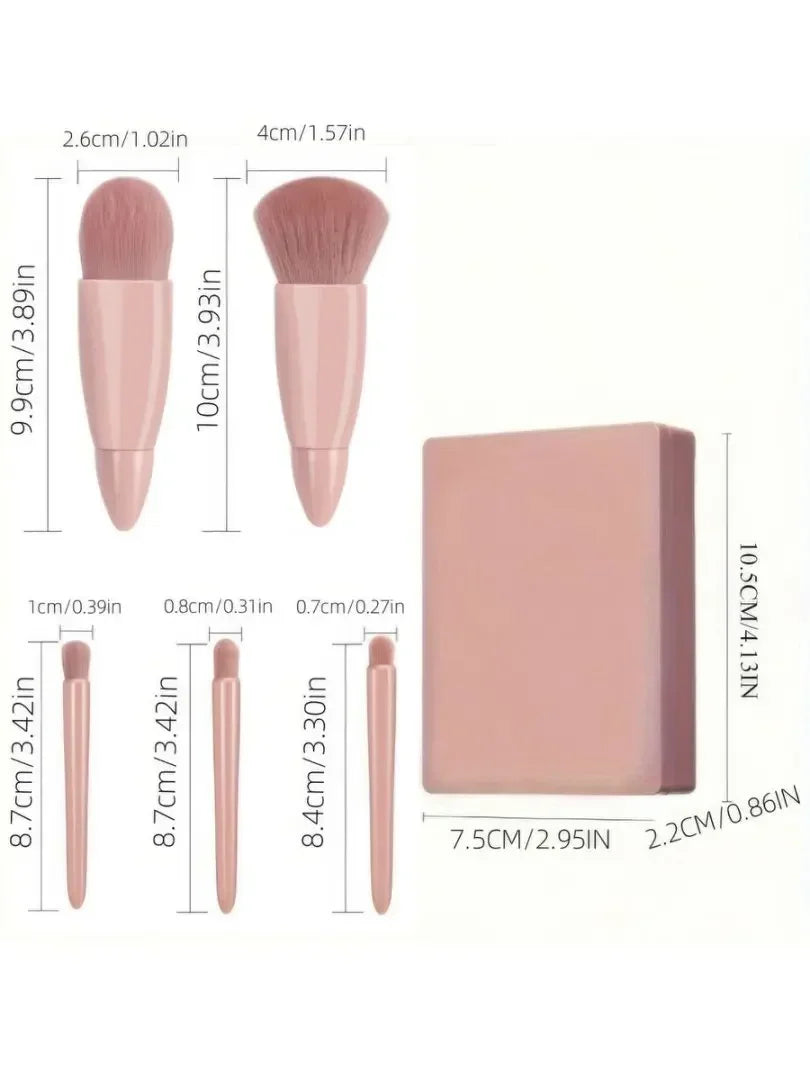5Pcs Mini Pink Makeup Brush Set with Built-in Mirror, Soft Synthetic Bristles Gentle on Skin Portable Travel Size for Daily Makeup On-the-Go Touch-ups Home Travel Women Makeup Lovers Beginners Blush Eyeshadow Foundation Brush