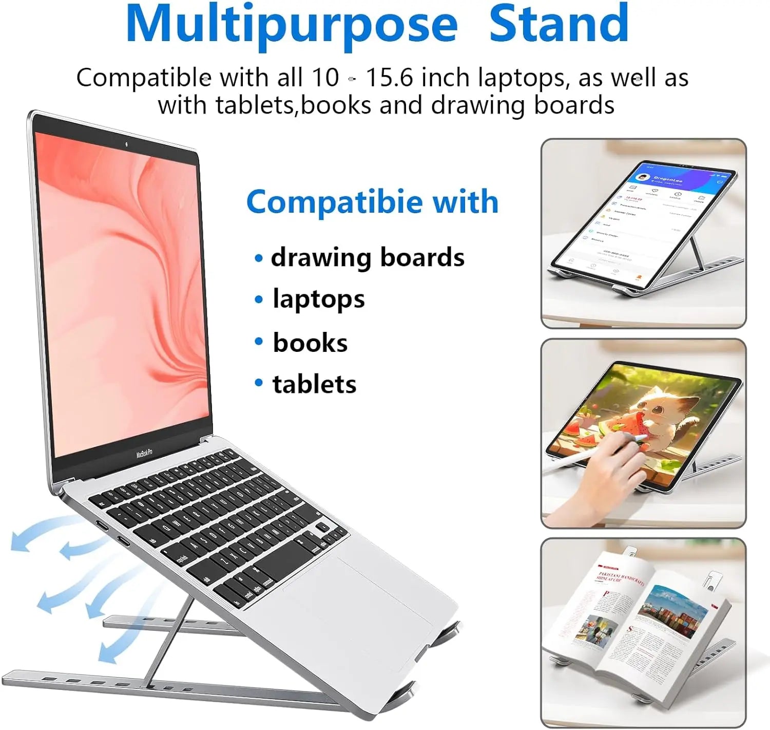 Premium Aluminum Laptop Riser, 7-Level Adjustable, Foldable & Portable, Anti-Slip, Compatible with All 10-15.6 Inch Laptops