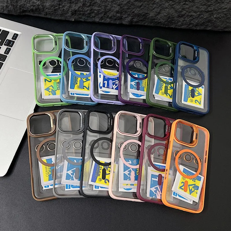 Luxury Magnetic Shockproof Phone Case For iPhone 15 14 13 12 11 16 17 18 Pro Max Plus E Funda Stand Glass Lens Protection Cover