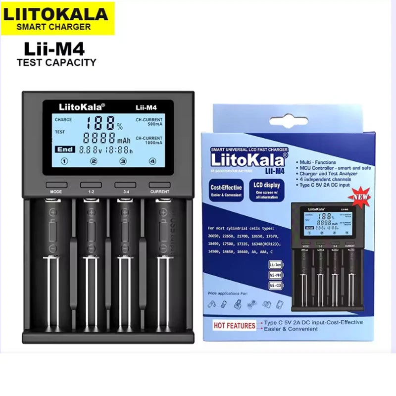 LiitoKala Lii-M4 Smart Battery Charger with LCD Display 4-Slot Universal for 18650 26650 21700 AA AAA 5V 2A Testing Capability