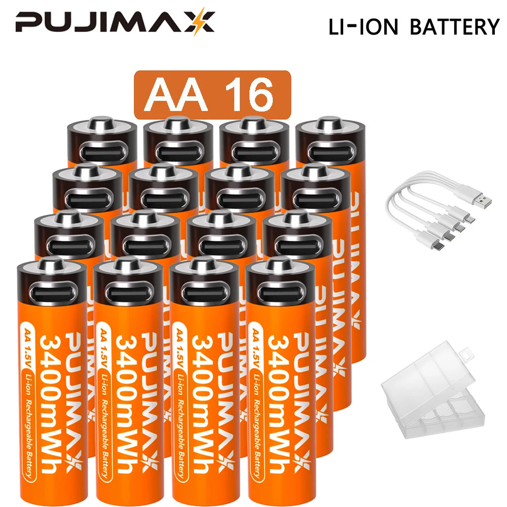 PUJIMAX 1.5V AA&AAA Rechargeable Lithium Battery 3400mWh/1100mWh, Type-C Port Charging Be Reused 1500 Times For Alarm Clocks