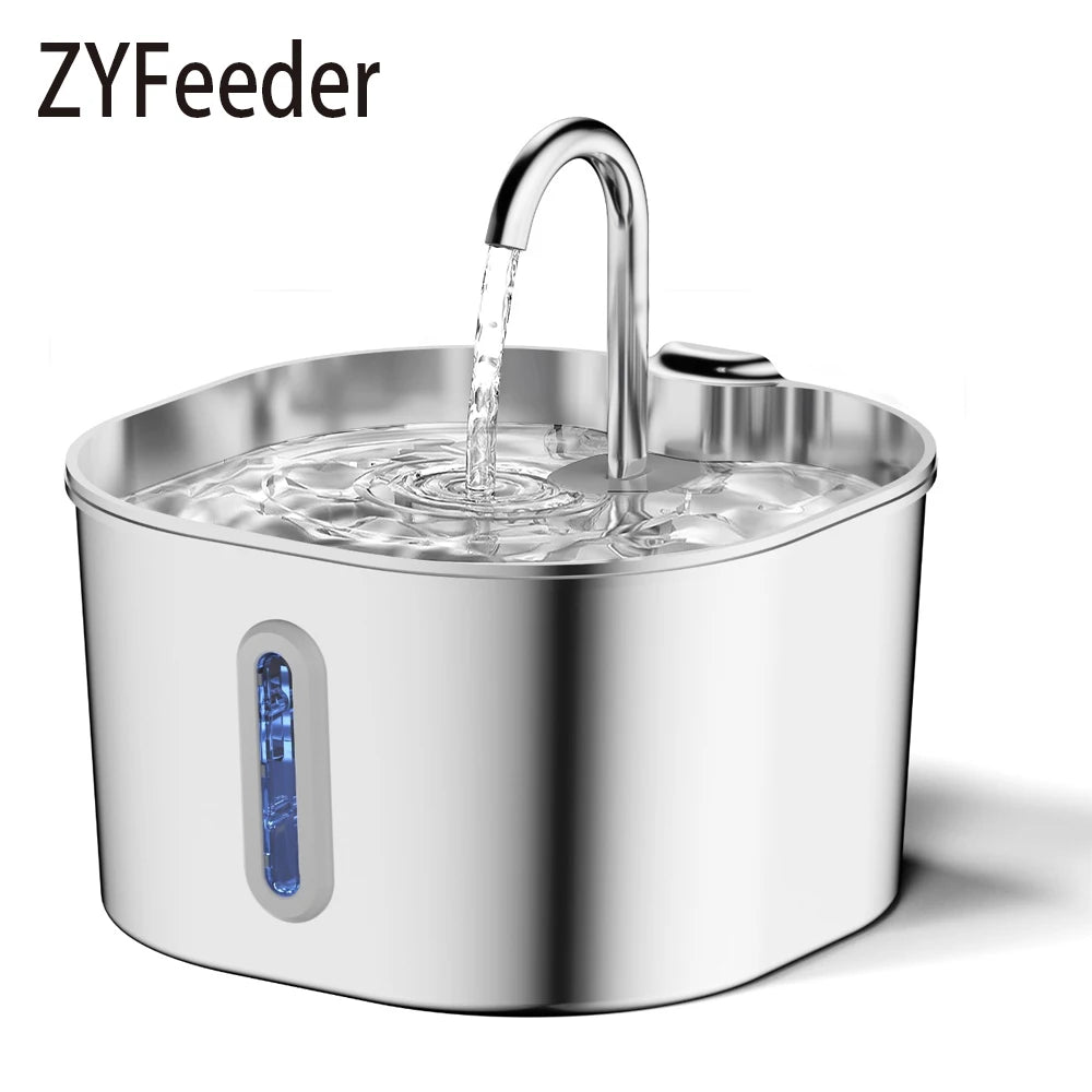 ZYFeeder 2.2L Automatic Water Fountain Stainless Steel Pet Water Feeder Cat/Dog Drink Bowl Water Dispenser Silent With Window