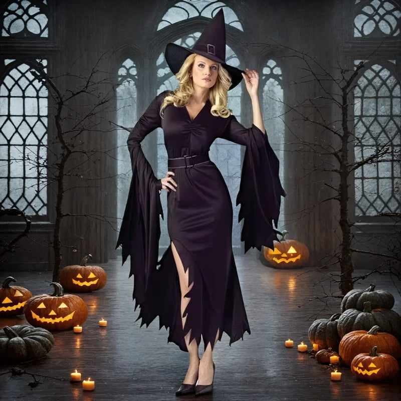Halloween Adult Women Gothic Black Witch Costume Carnival Purim Cosplay Party Evil Wizard Masquerade Irregular Dress Outfit 2025