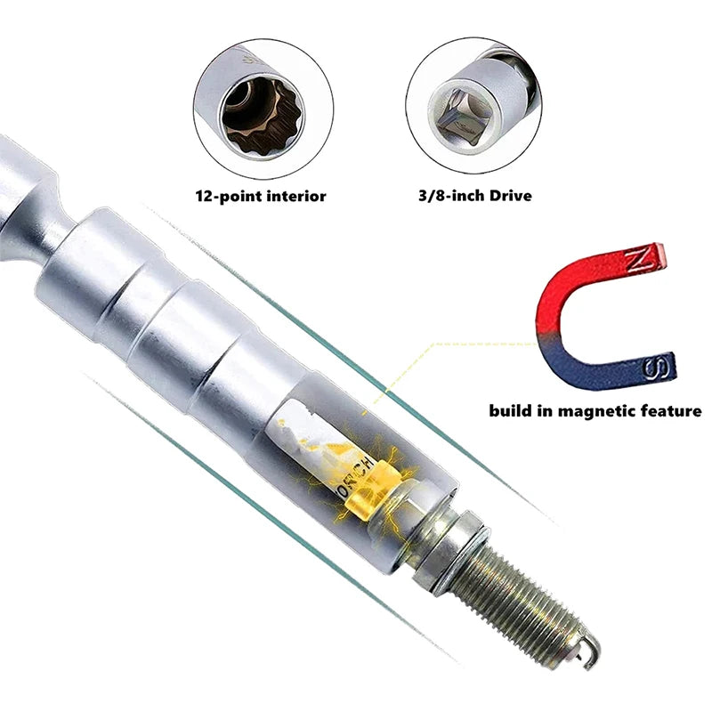 Spark Plug Socket Wrench Adapter 14mm16mm Set Universal Joint with Magnetic Flexible Socket Thin Wall 3/8" Drive Car Repair Tool