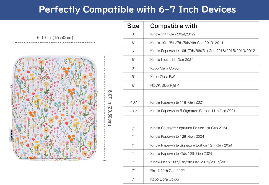 6-7 Inch Universal Padded Sleeve for 7" Colorsoft Signature Edition eReader 2024 and 6" eReader Book,Protective Sleeve Pouch Bag