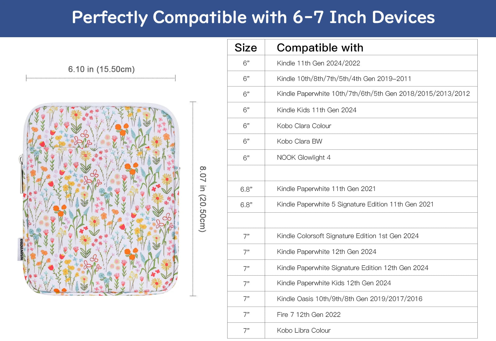 6-7 Inch Universal Padded Sleeve for 7" Colorsoft Signature Edition eReader 2024 and 6" eReader Book,Protective Sleeve Pouch Bag