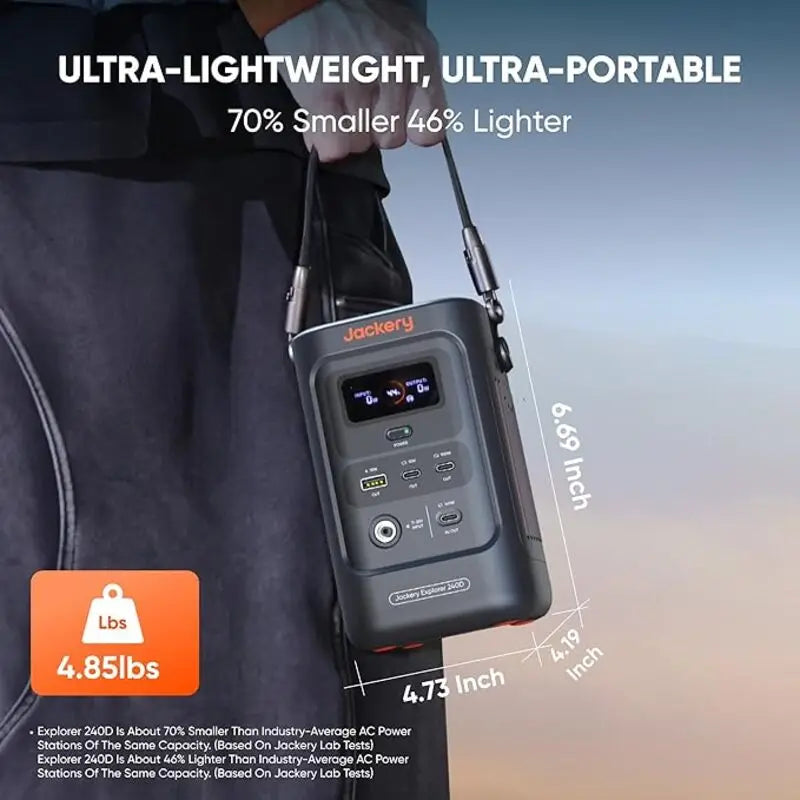 Jackery Explorer 240D Power Bank with Adjustable Shoulder Strap, 254Wh LiFePO4 Portable Power Station, 1-Hour Fast Charging