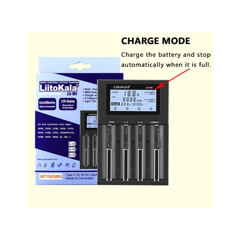 LiitoKala Lii-M4 Smart Battery Charger with LCD Display 4-Slot Universal for 18650 26650 21700 AA AAA 5V 2A Testing Capability