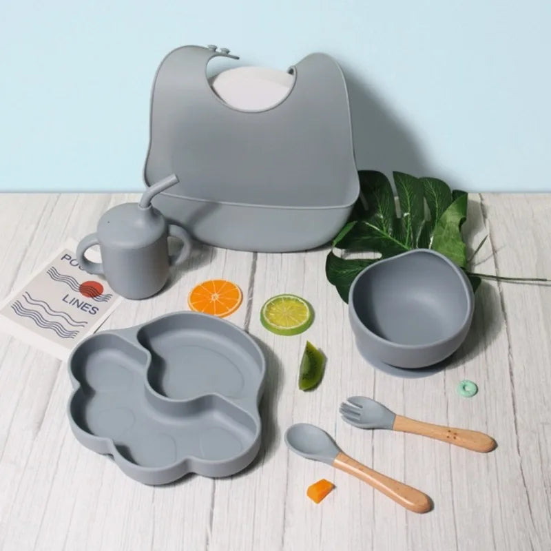 Soft Silicone Baby Feeding Set with Suction Bowl Plate Spoon Fork Toddler Training Tableware BPA Free Dishwasher Safe Easy Clean