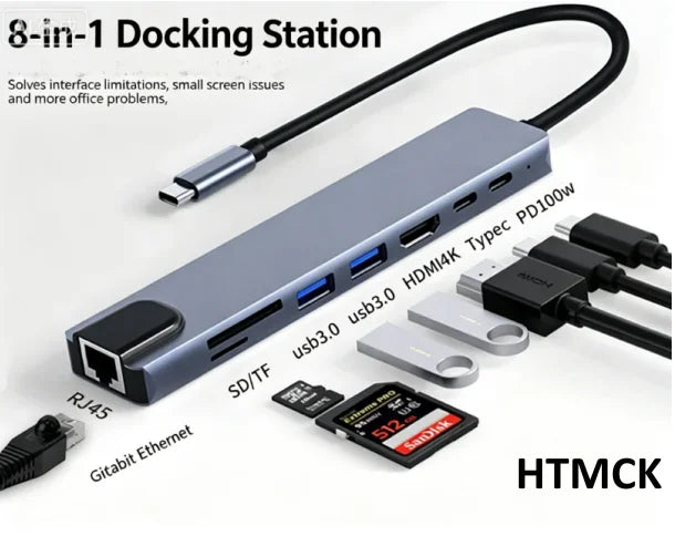8In1 7In2 7In1 USB C Hub with 4K HDMI RJ45 SD/TF Card Reader PD Fast Charge Type C Adapter