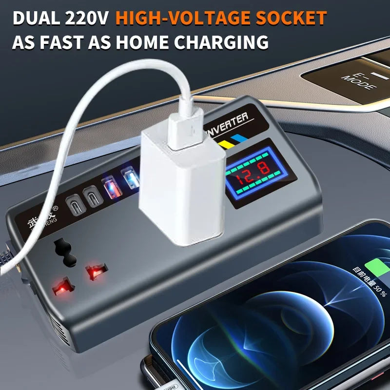 Portable Car Inverter 12V to 110V / 24V to 220V Outlet Adapter with 4 USB Ports Fast Charging Car Charger for Auto Truck SUV RV