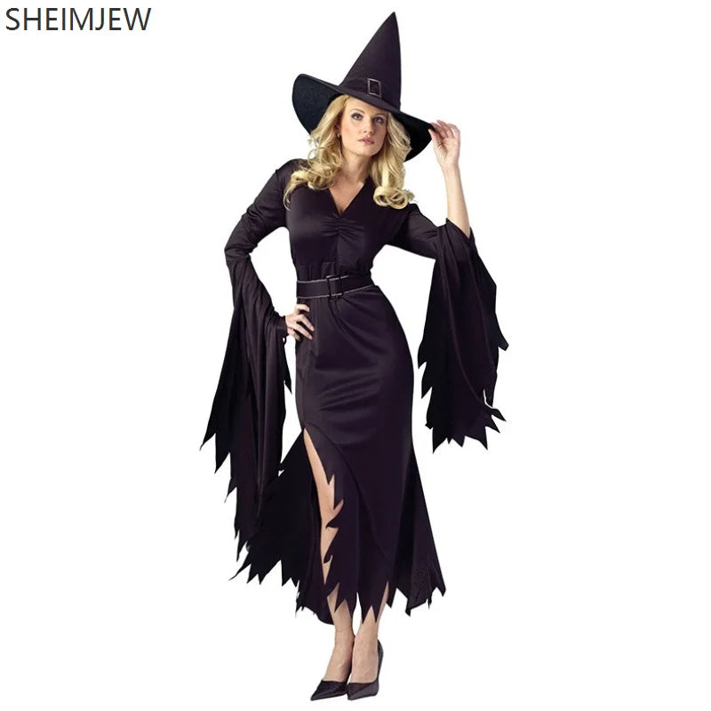 Halloween Adult Women Gothic Black Witch Costume Carnival Purim Cosplay Party Evil Wizard Masquerade Irregular Dress Outfit 2025