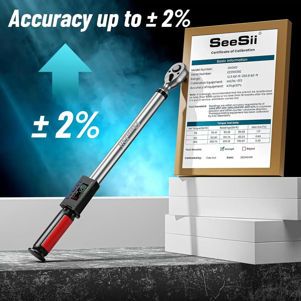 Seesii Digital Torque Wrench 340N.m Digital Electric Wrench 1/2" Drive 12.5-250.8ft-lbs/17-340N.m Buzzer LED Flash for Car Care